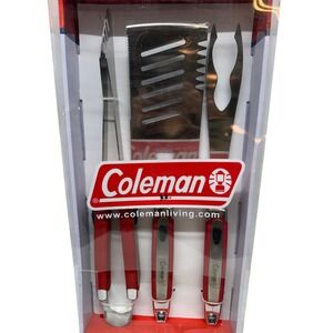 Coleman 3-Piece BBQ Tool Set.  Stainless Steel With Rubber Handles